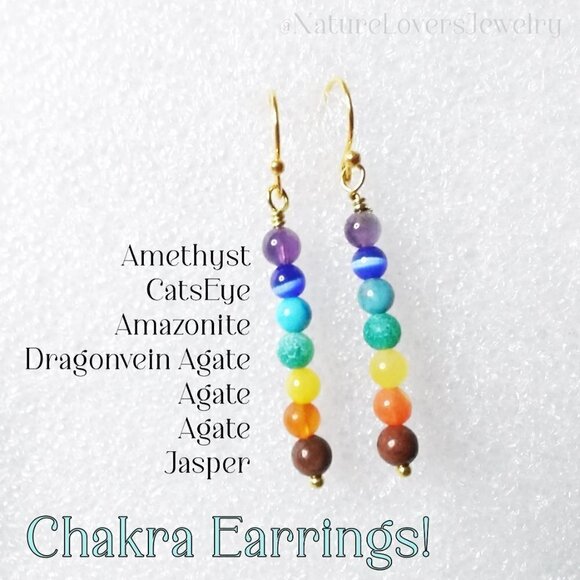 7 Chakra Earrings! Dainty + Slim Dangle Earrings with Semi-Precious Stones - Picture 2 of 9